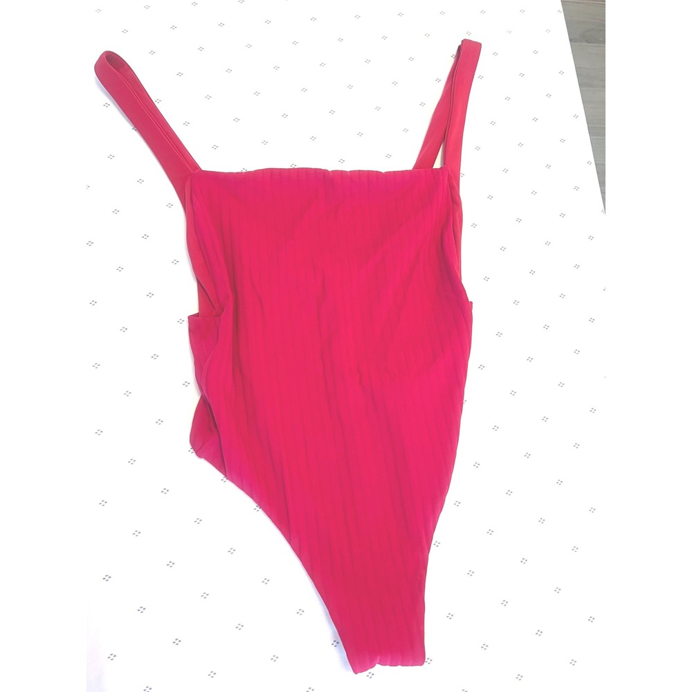 BOND-EYE Australia One Piece Swimsuit L Square Neckline Raspberry Ribbed NWT - Picture 3 of 6